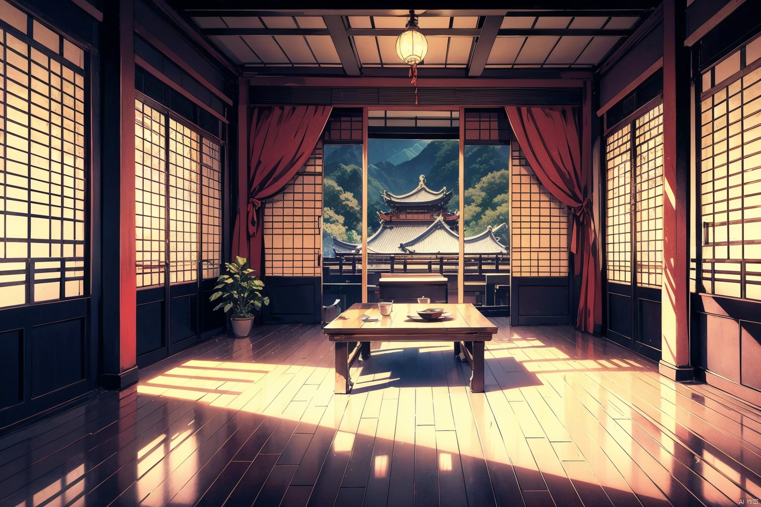 indoors, east asian, 16K CG, 8k, masterpiece, CG, best quality, high detailed, high detailed CG, No logo, no test, no humans, indoors, east asian architecture, big room, curtains, short table, scenery, ancient, ancient architecture,动漫