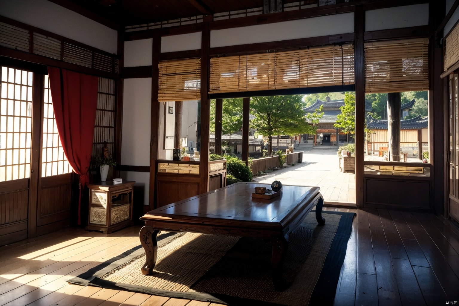 indoors, ancient, east asian, 16K CG, 8k, masterpiece, CG, best quality, high detailed, high detailed CG, No logo, no test, no humans, indoors, east asian architecture, big room, curtains, short table, books, plants, scenery, ancient architecture, window, trees, Ancient costume, wood floor,