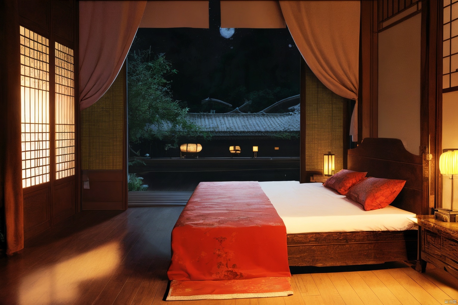 indoors, ancient, east asian, 16K CG, 8k, masterpiece, CG, best quality, high detailed, high detailed CG, No logo, no test, no humans, indoors, east asian architecture, big room, curtains, ancient bed, Go, plants, scenery, ancient architecture, window, trees, Ancient costume, wood floor, night, night time,