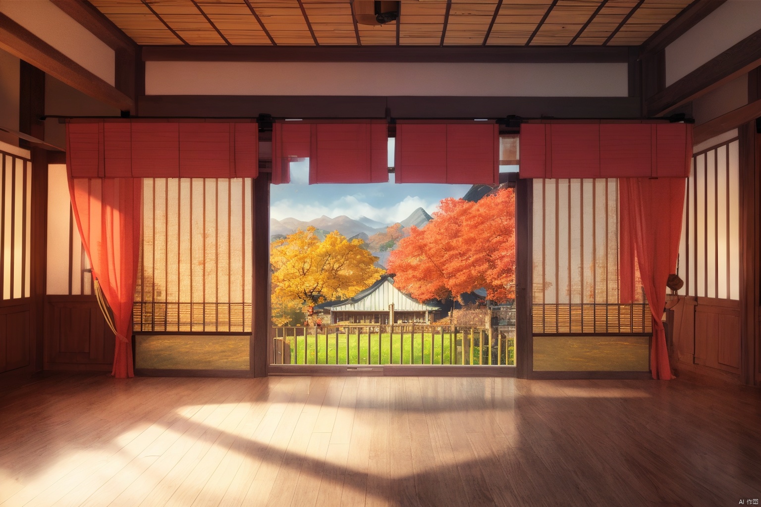indoors, ancient, east asian, 16K CG, 8k, masterpiece, CG, best quality, high detailed, high detailed CG, No logo, no test, no humans, indoors, east asian architecture, big room, curtains, plants, scenery, ancient architecture, window, trees, Ancient costume, wood floor, open Landscape, autumn,