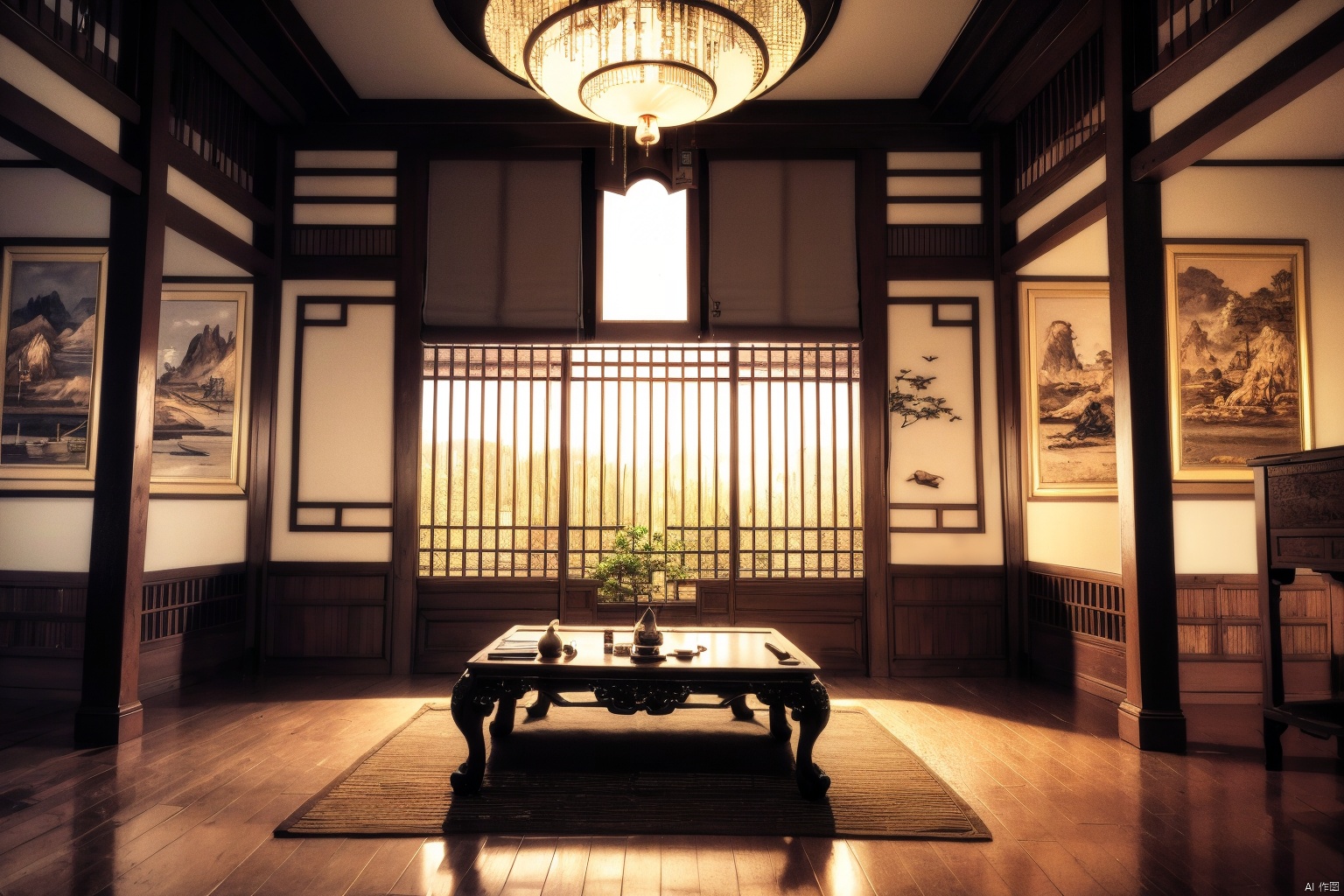 indoors, ancient, east asian, 16K CG, 8k, masterpiece, CG, best quality, high detailed, high detailed CG, No logo, no test, no humans, indoors, east asian architecture, big room, curtains, short table, books, plants, scenery, ancient architecture, window, trees, Ancient costume, wood floor,