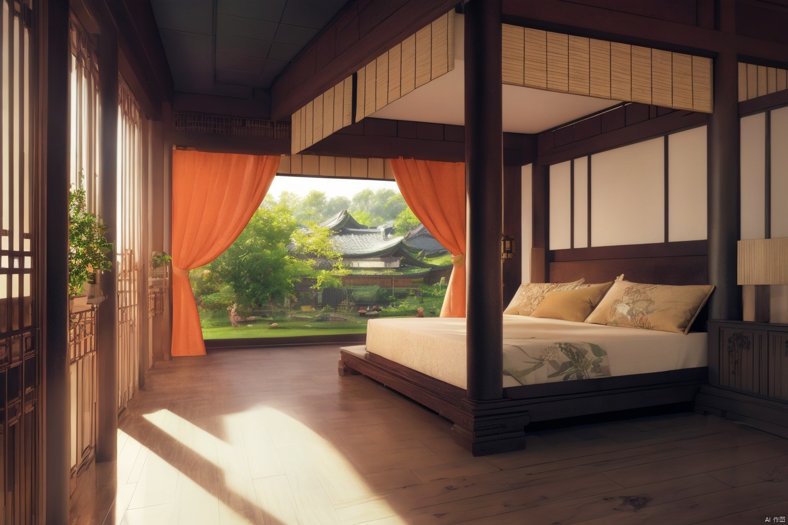 indoors, ancient, east asian, 16K CG, 8k, masterpiece, CG, best quality, high detailed, high detailed CG, No logo, no test, no humans, indoors, east asian architecture, big room, curtains, ancient bed, Go, plants, scenery, ancient architecture, window, trees, Ancient costume, wood floor,
