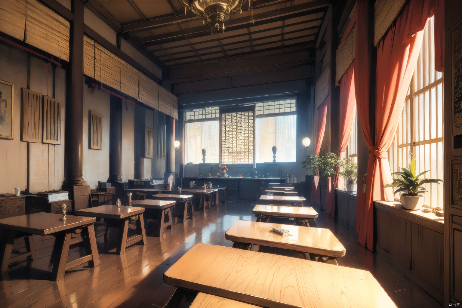 indoors, ancient, east asian, 16K CG, 8k, masterpiece, CG, best quality, high detailed, high detailed CG, No logo, no test, no humans, indoors, east asian architecture, big room, curtains, short table, books, scenery, ancient architecture, window, plants,Ancient costume
