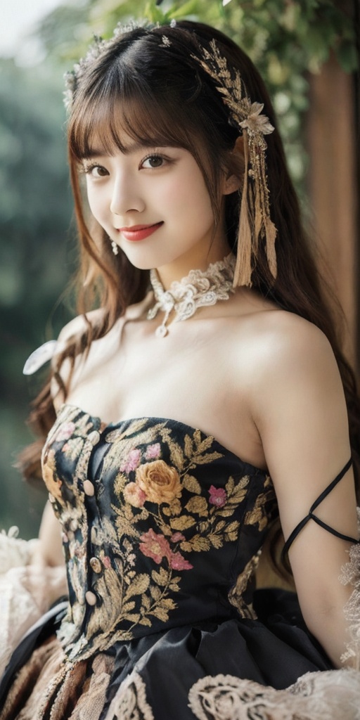 A girl in a vibrant,  Baroque-inspired Harajuku Lolita ensemble,  embracing an emo theme. Smile on Tensor.Art
