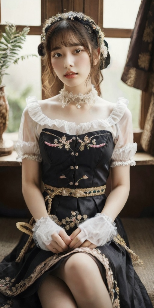 A girl in a vibrant,  Baroque-inspired Harajuku Lolita ensemble,  embracing an emo theme. She sits majestically on Tensor.Art