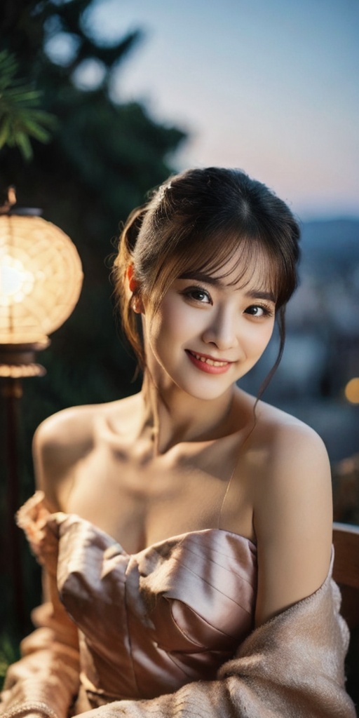 A breathtakingly stunning bride-to-be poses elegantly on a mountain top hotel's chair,  surrounded by starry night sky and...