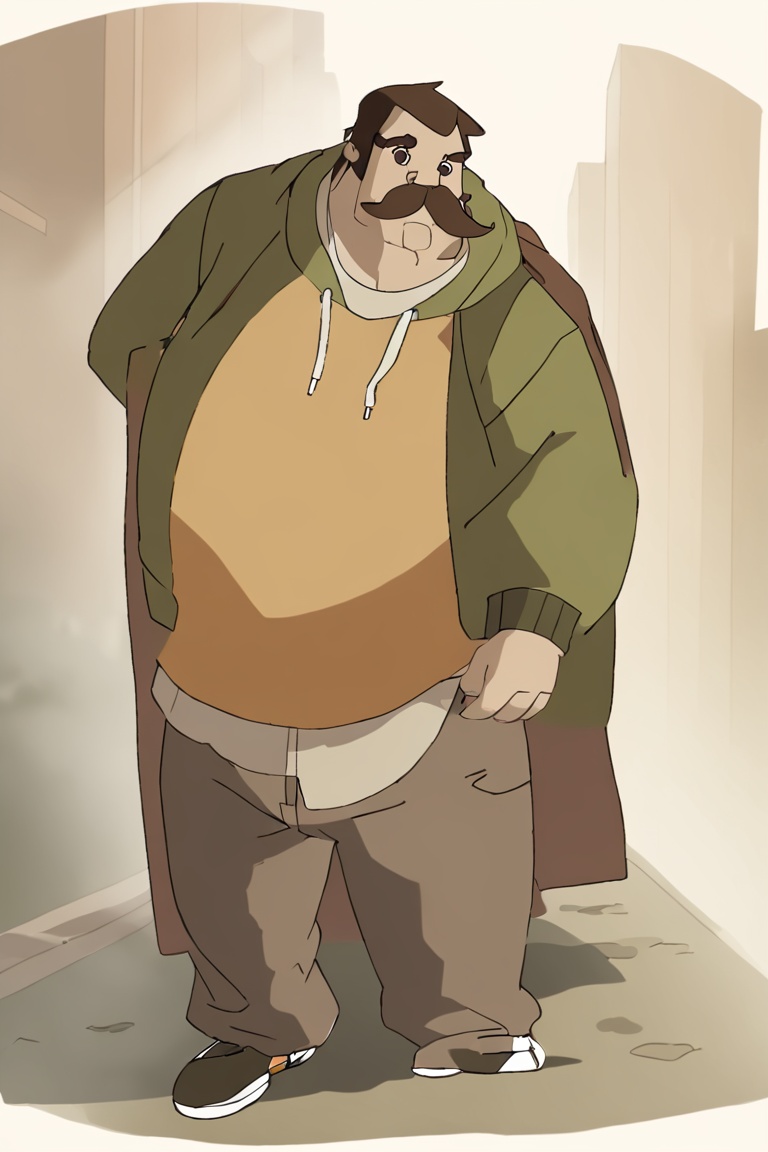 A HUGE HOMELESS MAN WITH A MUSTACHE WEARING DIRTY SHORTS AND A HOODIE. ,  Spec Style on Tensor.Art