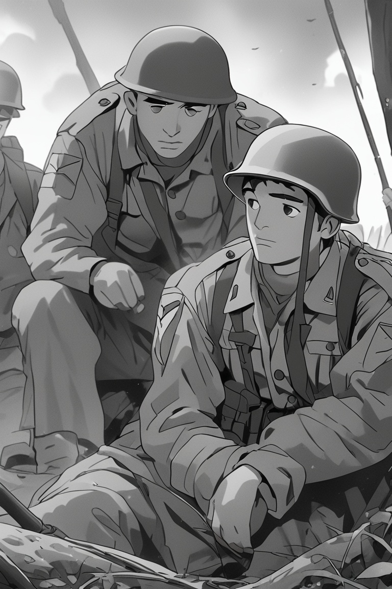 Sad soldiers in World War II,  black and white photo ,  Spec Style on Tensor.Art