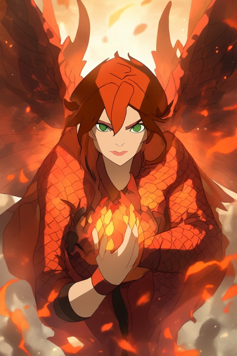 draconic traits to draconic human woman with reddish orange hair,  draconic claws with scales on hands,  fantasy ambience...