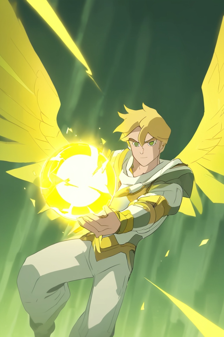 A tall blonde-haired warrior with wings uses yellow lightning power,  wears white clothes,  and holds the earth in his han...