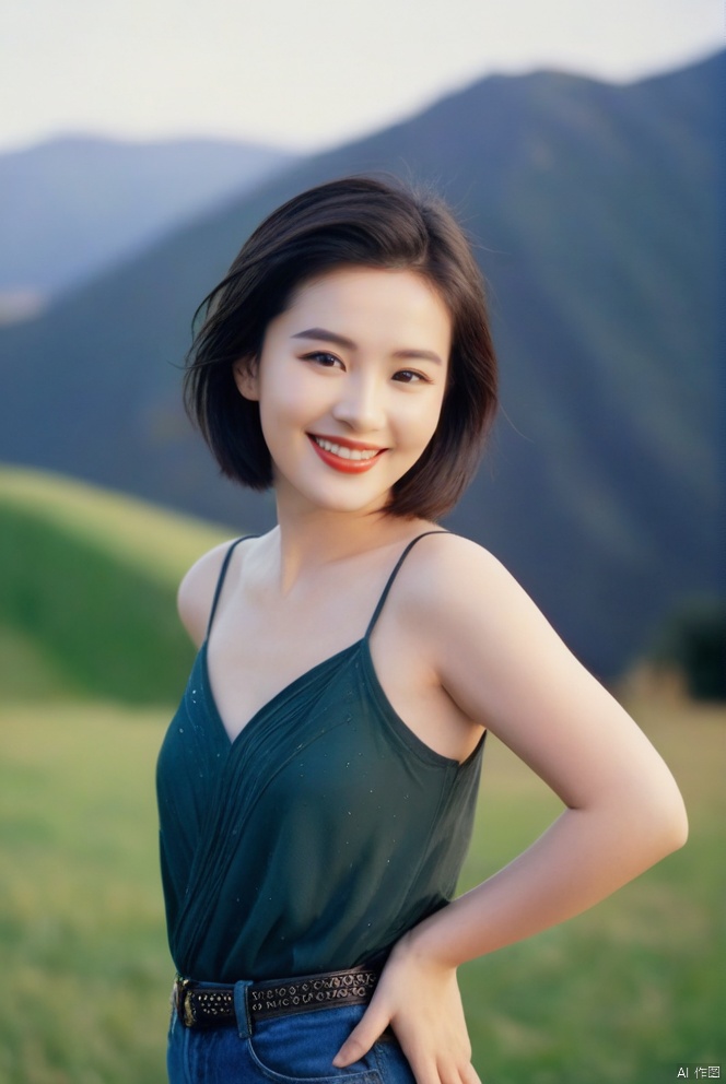  beautiful girl standing with beautiful vally in background, age 20, black short hair, waist shot, dynamic pose, smiling, dressed in fashion outfit, beautiful eyes, sweet makeup, 35mm lens, beautiful lighting, photorealistic, soft focus, kodak portra 800, 8k, ,liuyifei