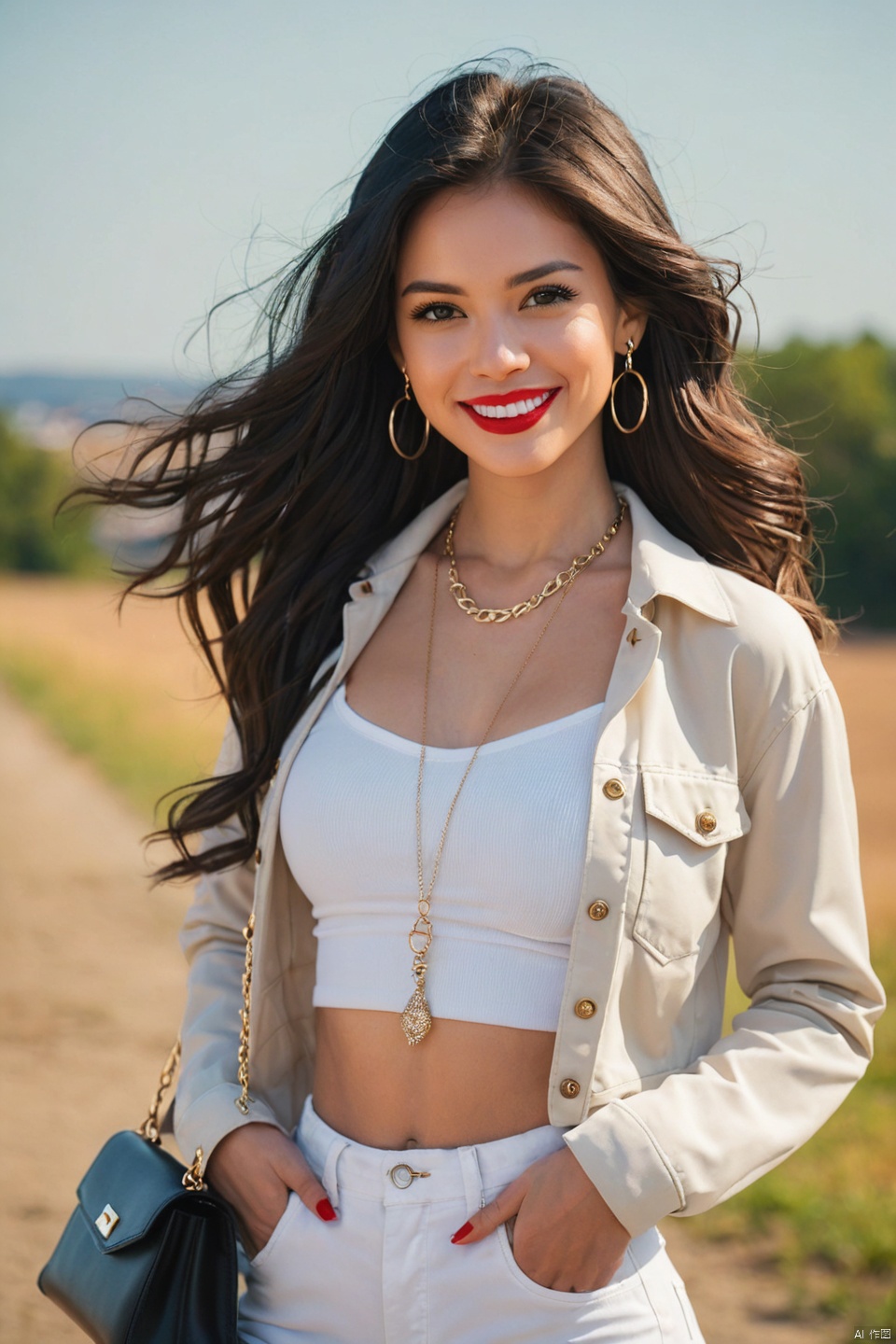 cowboy shot, looking at viewer, 
1girl, solo, long hair, breasts, looking at viewer, smile, shirt, black hair, long sleeves, holding, brown eyes, jewelry, closed mouth, standing, jacket, earrings, outdoors, sky, day, midriff, pants, off shoulder, bag, blurry, crop top, sleeves past wrists, black shirt, blurry background, white jacket, camisole, handbag, realistic, white pants, red lips, holding bag, photo background