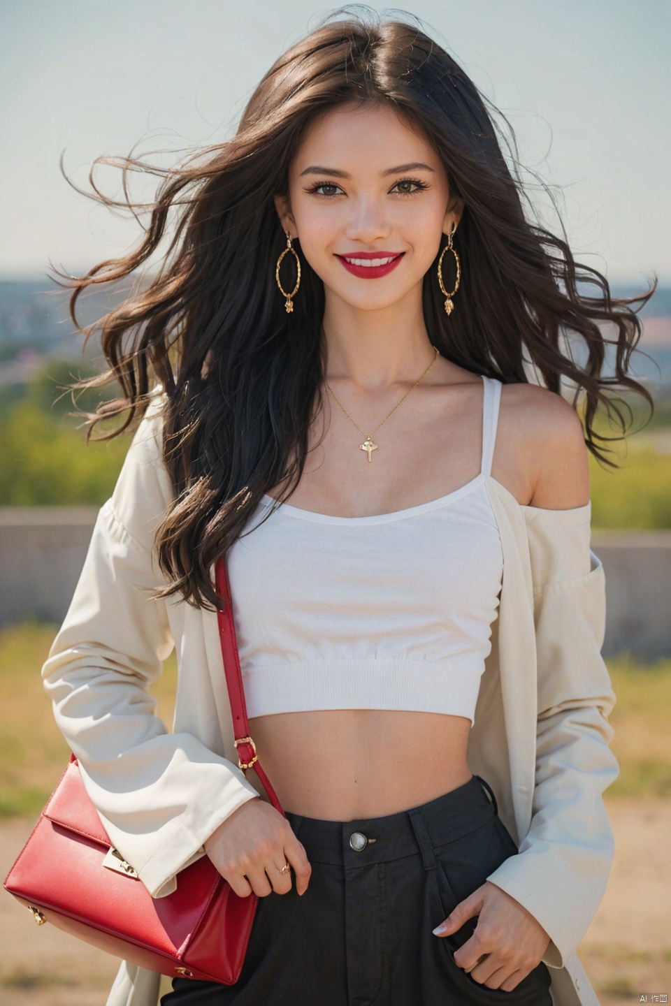 cowboy shot, looking at viewer, 
1girl, solo, long hair, breasts, looking at viewer, smile, shirt, black hair, long sleeves, holding, brown eyes, jewelry, closed mouth, standing, jacket, earrings, outdoors, sky, day, midriff, pants, off shoulder, bag, blurry, crop top, sleeves past wrists, black shirt, blurry background, white jacket, camisole, handbag, realistic, white pants, red lips, holding bag, photo background