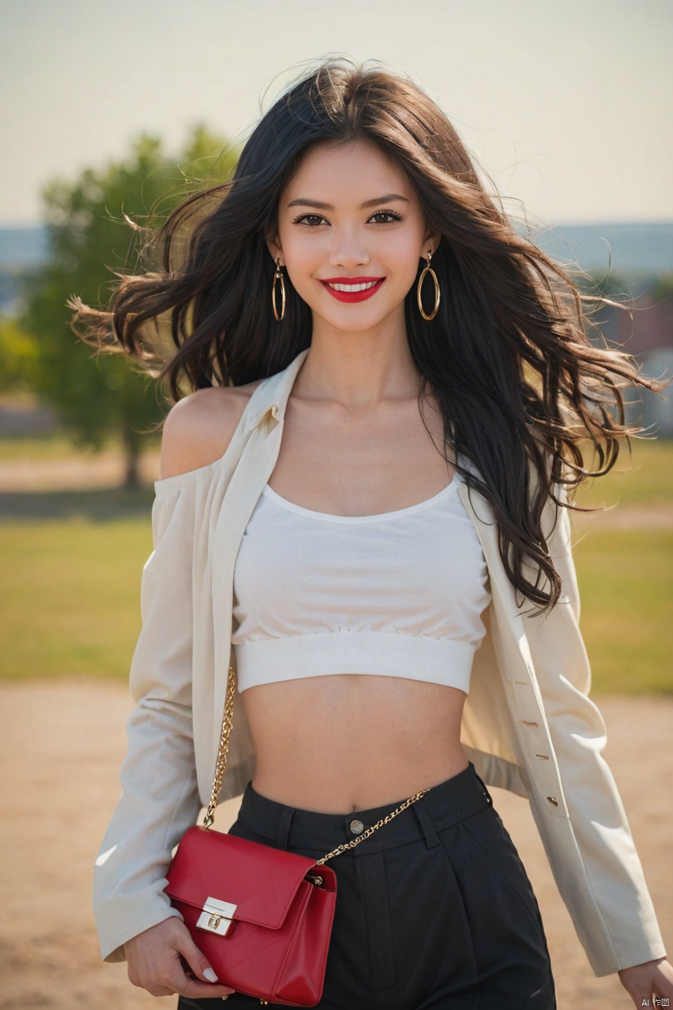 cowboy shot, looking at viewer, 
1girl, solo, long hair, breasts, looking at viewer, smile, shirt, black hair, long sleeves, holding, brown eyes, jewelry, closed mouth, standing, jacket, earrings, outdoors, sky, day, midriff, pants, off shoulder, bag, blurry, crop top, sleeves past wrists, black shirt, blurry background, white jacket, camisole, handbag, realistic, white pants, red lips, holding bag, photo background
