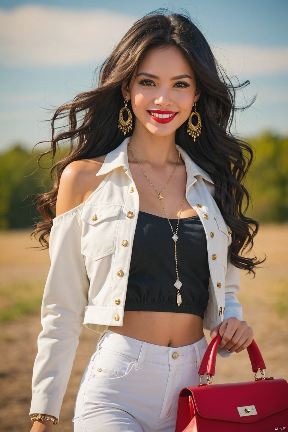 cowboy shot, looking at viewer, 
1girl, solo, long hair, breasts, looking at viewer, smile, shirt, black hair, long sleeves, holding, brown eyes, jewelry, closed mouth, standing, jacket, earrings, outdoors, sky, day, midriff, pants, off shoulder, bag, blurry, crop top, sleeves past wrists, black shirt, blurry background, white jacket, camisole, handbag, realistic, white pants, red lips, holding bag, photo background