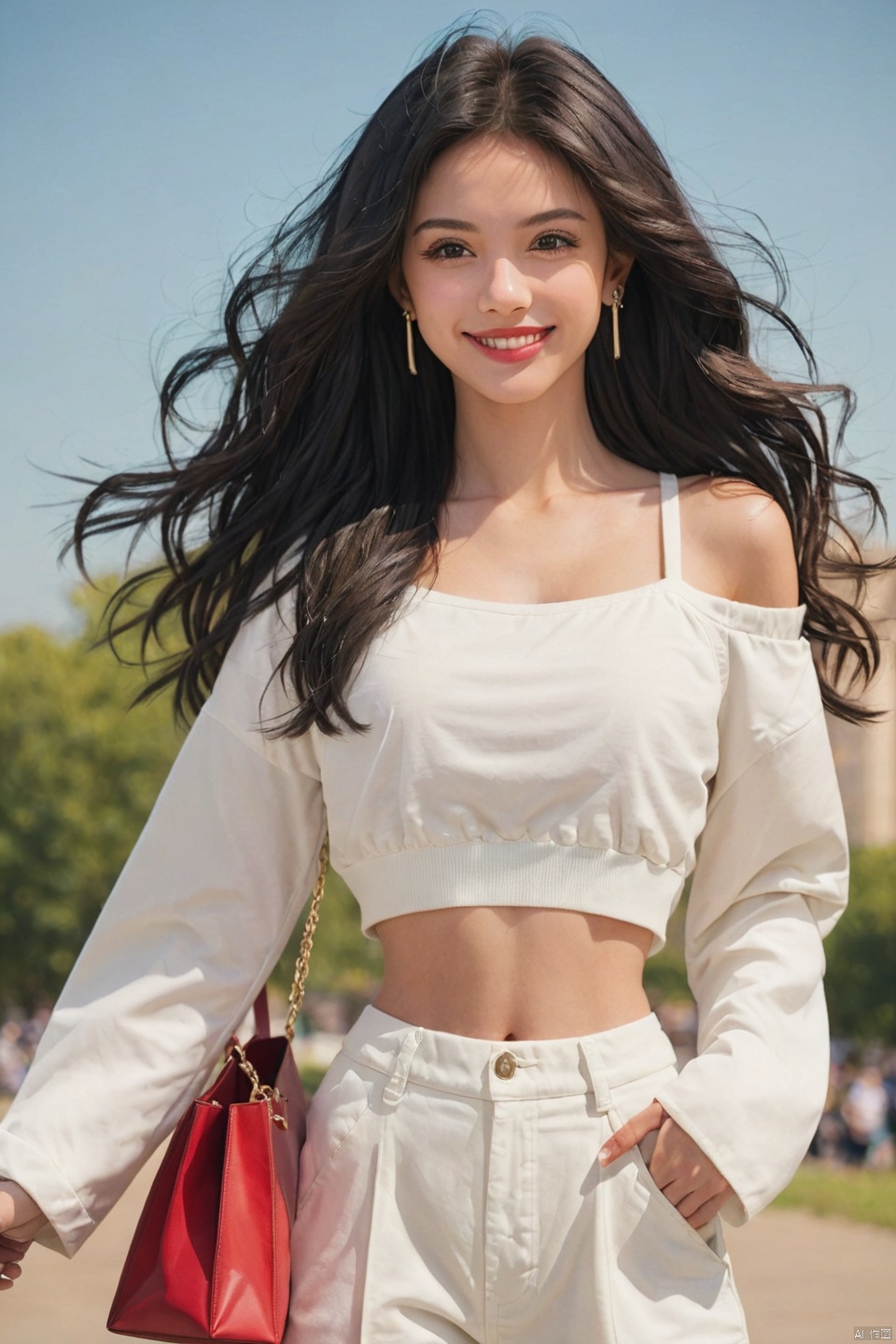 1girl, solo, long hair, breasts, looking at viewer, smile, shirt, black hair, long sleeves, holding, brown eyes, jewelry, closed mouth, standing, jacket, earrings, outdoors, sky, day, midriff, pants, off shoulder, bag, blurry, crop top, sleeves past wrists, black shirt, blurry background, white jacket, camisole, handbag, realistic, white pants, red lips, holding bag, photo background