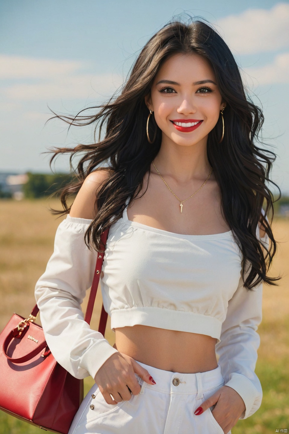 1girl, solo, long hair, breasts, looking at viewer, smile, shirt, black hair, long sleeves, holding, brown eyes, jewelry, closed mouth, standing, jacket, earrings, outdoors, sky, day, midriff, pants, off shoulder, bag, blurry, crop top, sleeves past wrists, black shirt, blurry background, white jacket, camisole, handbag, realistic, white pants, red lips, holding bag, photo background