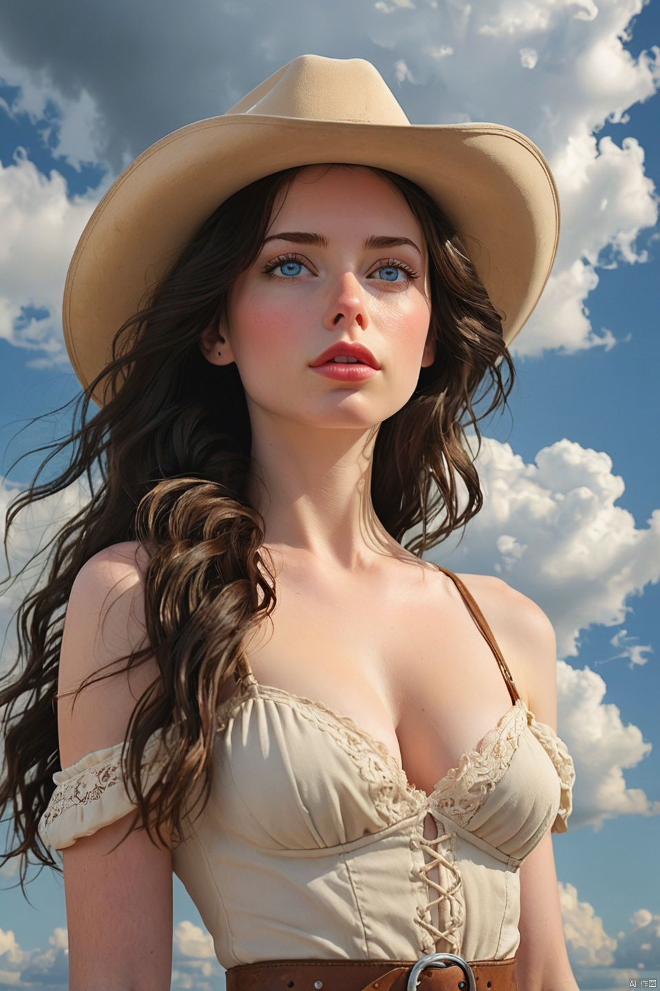 1girl,solo,pale skin,perfect body,Blue eyes,cowboy shot,( looking at viewer:1.4),


(beautiful detail eyes),(vertical pupils:1.2),full body,From above,
1girl, solo, long hair, breasts, black hair, dress, cleavage, bare shoulders, collarbone, upper body, small breasts, outdoors, parted lips, sky, cloud, white dress, lips, watermark, cloudy sky, looking up, realistic, nose, looking afar