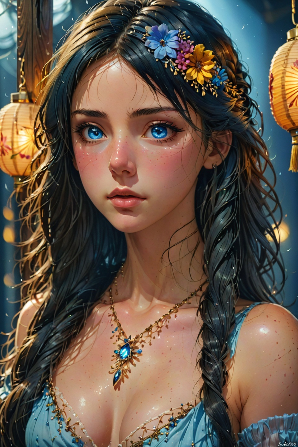 1girl, solo, long hair, breasts, looking at viewer, bangs, blue eyes, black hair, hair ornament, dress, cleavage, jewelry, medium breasts, collarbone, upper body, braid, flower, parted lips, artist name, hair flower, necklace, lips, wet, see-through, parted bangs, eyelashes, watermark, light particles, lantern, nose, light, mascara