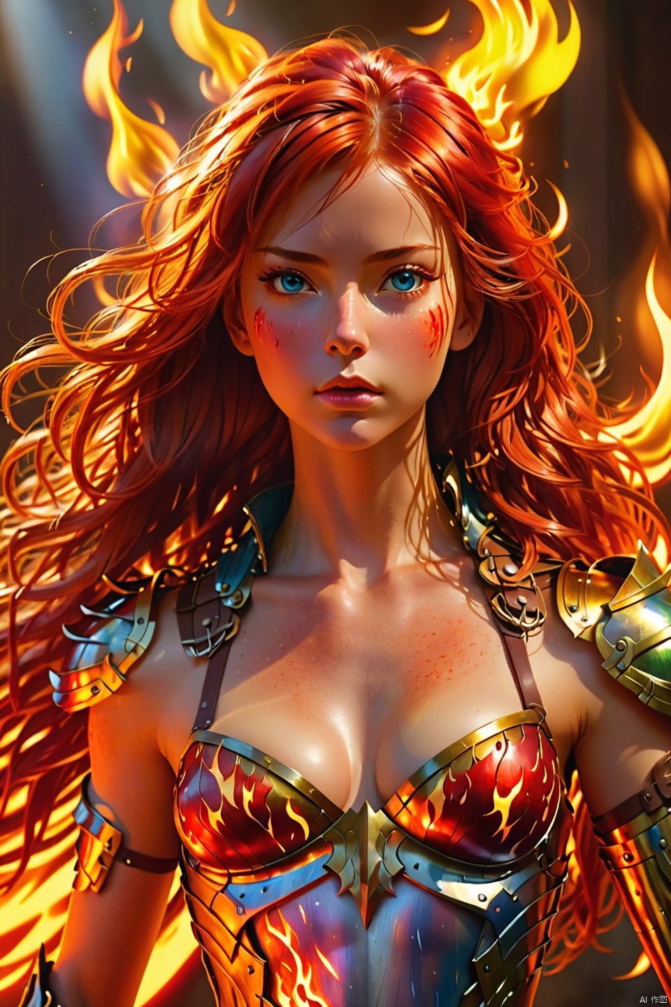 (Flame, blazing flames: 1), (body burning flames: 1.2), (magical flames: 1.2), (numerous flames floating around the girl), (best quality), (masterpiece), (super detail), super detail CG, (illustration), (light of detail), (an extremely exquisite and beautiful), girl, solo, (upper body,), (cute face), expressionless, (beautiful detail eyes), full breasts, (midchest: 1.2) red feathers, (vertical pupils: 1.2) red hair, shiny hair, five colors and six colors of hair, [Armored Woman] Armor decoration emits red flames, [suspended flames], emitting flames to decorate hair, depth of field, (firelight), whole body,
Transparent and semi transparent material,
Lower abdomen,
Navel,
Flames in front of you,
Flame in front of the camera,

