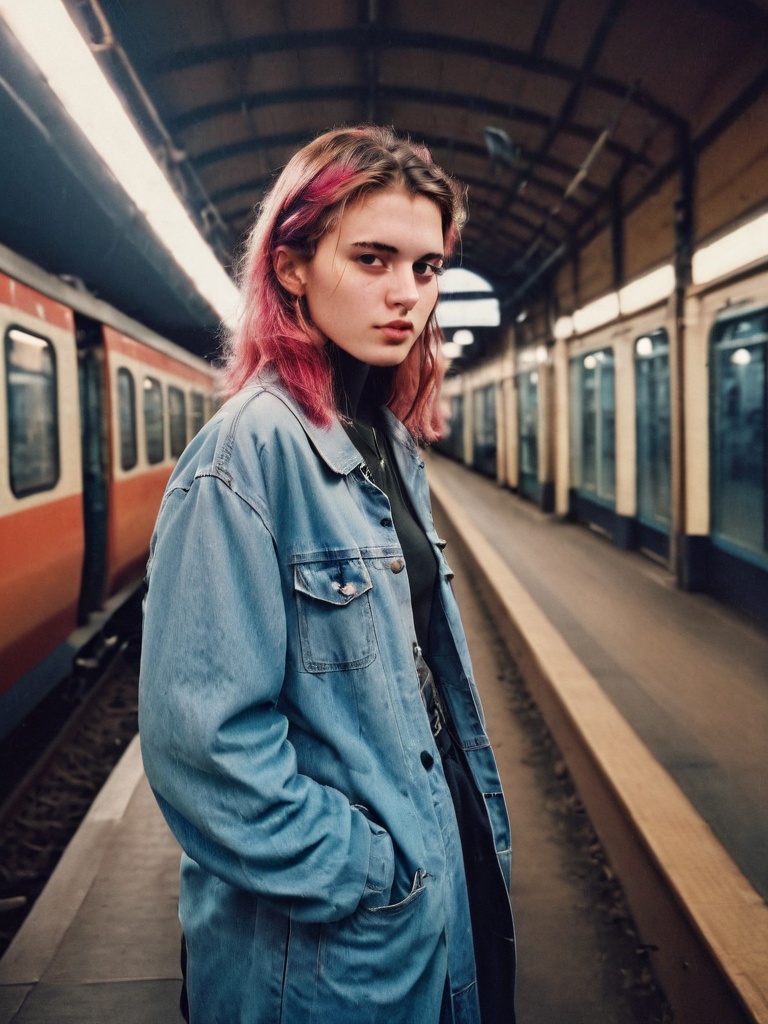 AMAZING PHOTO young woman in a train station,  outdoor photography 90s style Analogic clothes and environment from the 90s...