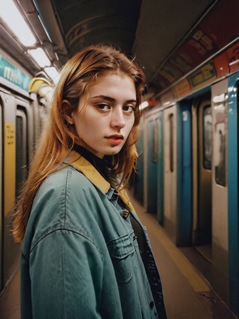 AMAZING PHOTO young woman in a subway photography 90s style Analogic clothes and environment from the 90s 90s style ,  80s...