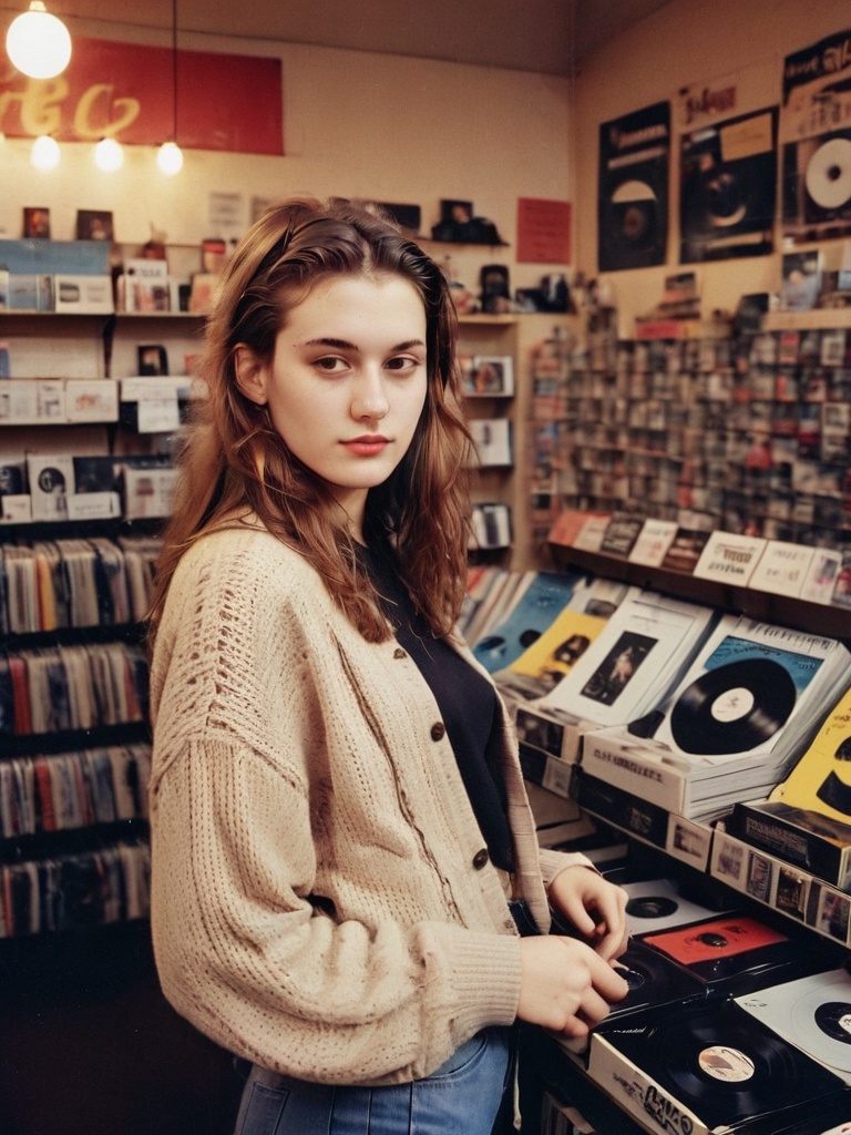 AMAZING PHOTO young woman in record store photography 90s style Analogic clothes and environment from the 90s 90s style ,...