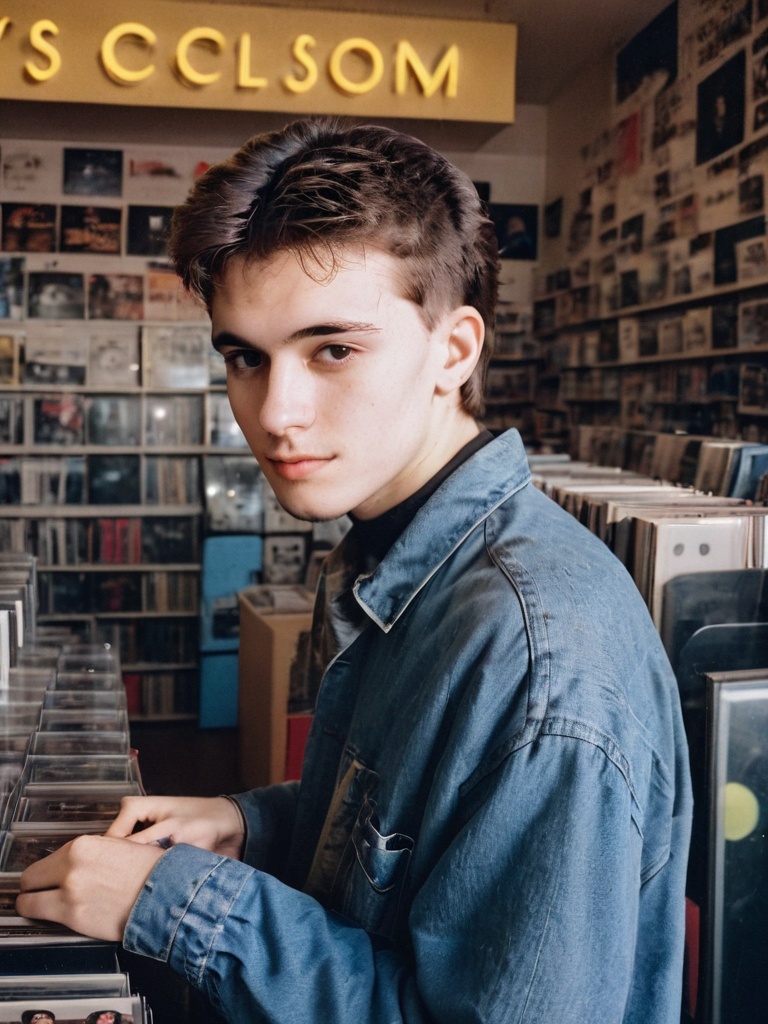 AMAZING PHOTO portrait young man in record store photography 90s style Analogic clothes and environment from the 90s 90s s...