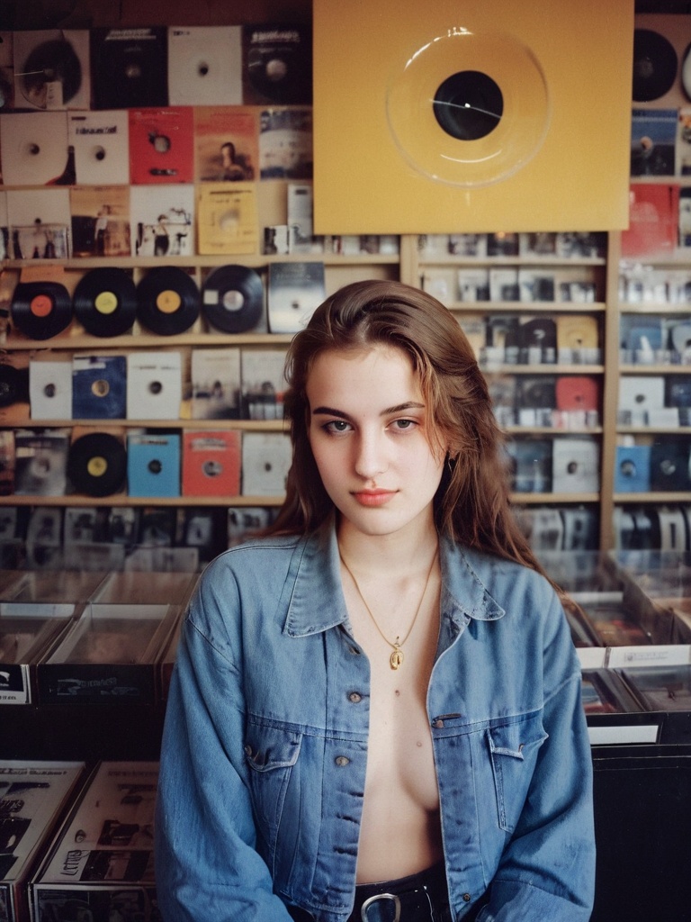 AMAZING PHOTO portrait young woman in record store photography 90s style Analogic clothes and environment from the 90s 90s...