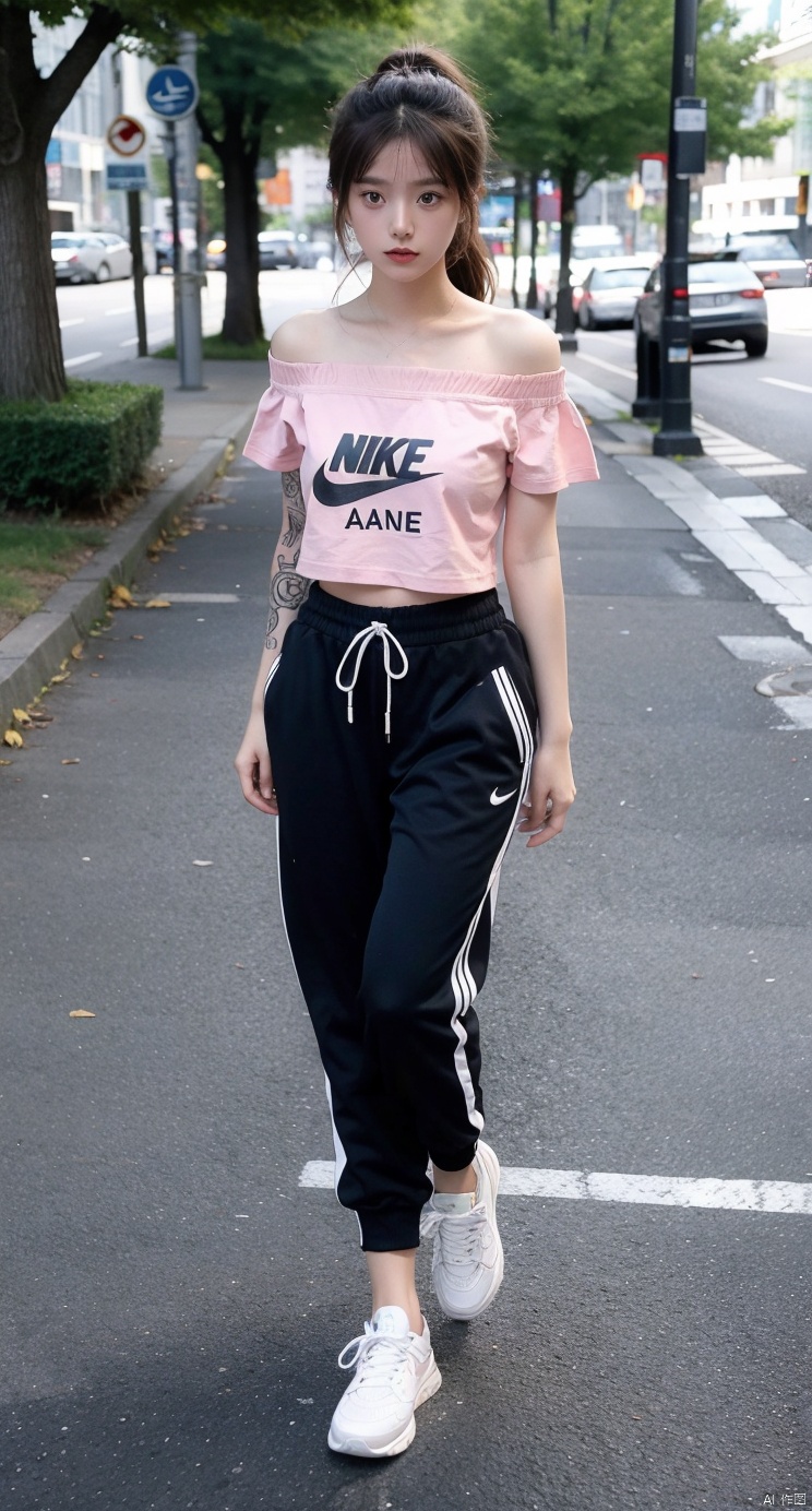 14 years old girl,The golden ratio body,asian,White off-the-shoulder T-shirt,medium breasts,tattoo,city,perspective,high ponytail,1girl,xxs, Straighten your legs,Steps,hand remove shirt, Add details,full body photo ,outdoor,tattoos blackwork,moyou,walking, pink sneakers ,Hyperrealism,track pants,Nike,solo
