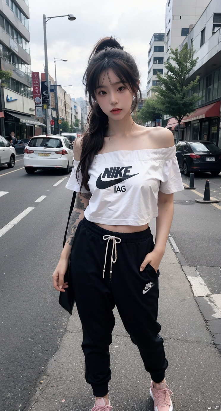 14 years old girl,The golden ratio body,asian,White off-the-shoulder T-shirt,medium breasts,tattoo,city,perspective,high ponytail,1girl,xxs, Straighten your legs,Steps,hand remove shirt, Add details,full body photo ,outdoor,tattoos blackwork,moyou,walking, pink sneakers ,Hyperrealism,track pants,Nike,solo