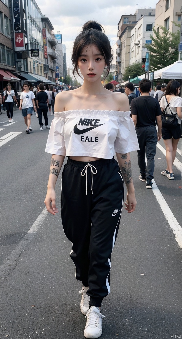14 years old girl,The golden ratio body,asian,White off-the-shoulder T-shirt,medium breasts,tattoo,city,perspective,high ponytail,1girl,xxs, Straighten your legs,Steps,hand remove shirt, Add details,full body photo ,outdoor,tattoos blackwork,moyou,walking, pink sneakers ,Hyperrealism,track pants,Nike,