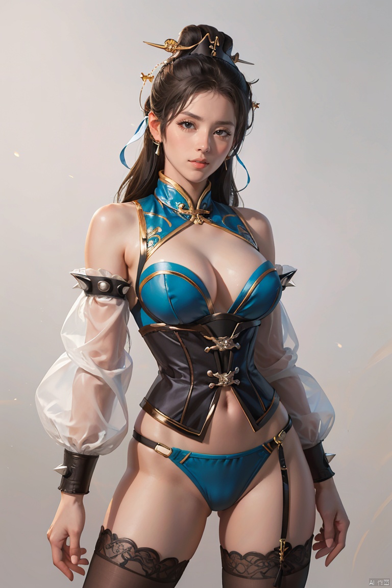 (High quality, High resolution, High quality, Fine details), 1girl, black hair, long hair, mountain background, simple background,(large breasts:1.2), (thighs:1.2) ,ruanyi0438,thighhighs,detached sleeves,lace-trimmed legwear,breast curtains,corset,spiked bracelet,tassel,thong,chun-li,chinese clothes,spikes,CHUNLI, SGZ2, meiren-red lips