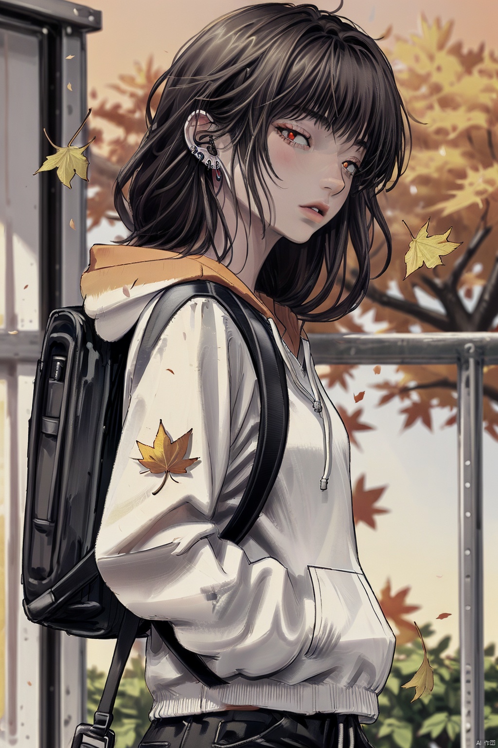 1girl, solo, best quality, white hair,orange theme, blurry background, falling leaves, holding leaf, parted lips, red eyes, long hair, brown hair, bangs, shirt, yellow hoodie, hood down, long sleeves, shoulder bag, backpack, necklace, school bag, outdoors, earbuds, fence, hand in pocket, tree, autumn leaves, drawstring, blurry foreground, depth of field, sunset, ginkgo leaf, orange sky, maple leaf, motion blur, fire 