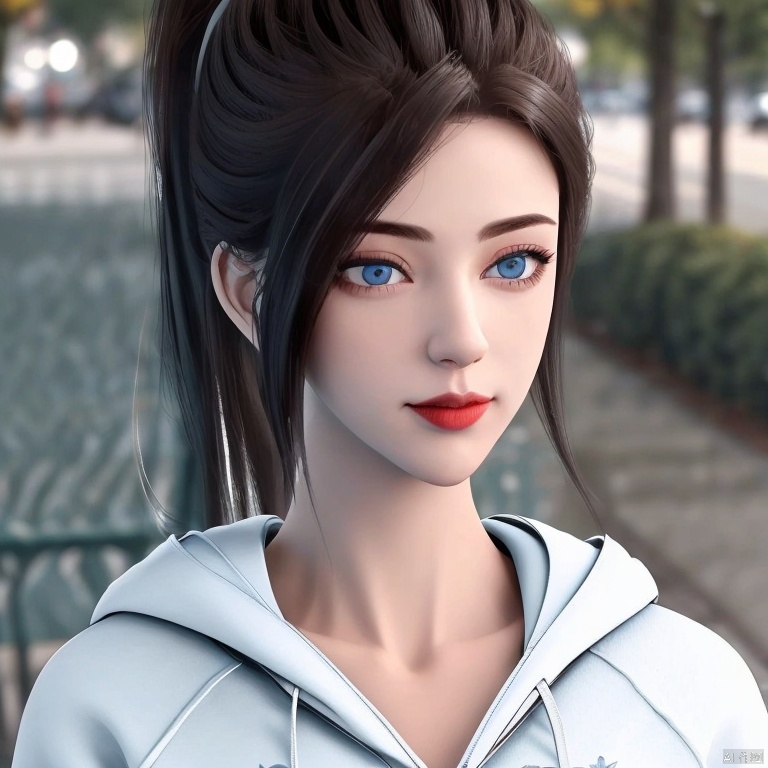 1girl, solo, long hair, blue eyes, brown hair, black hair, closed mouth, upper body, ponytail, outdoors, day, hood, blurry, lips, hoodie, blurry background, hood down, realistic, bench, white hoodie