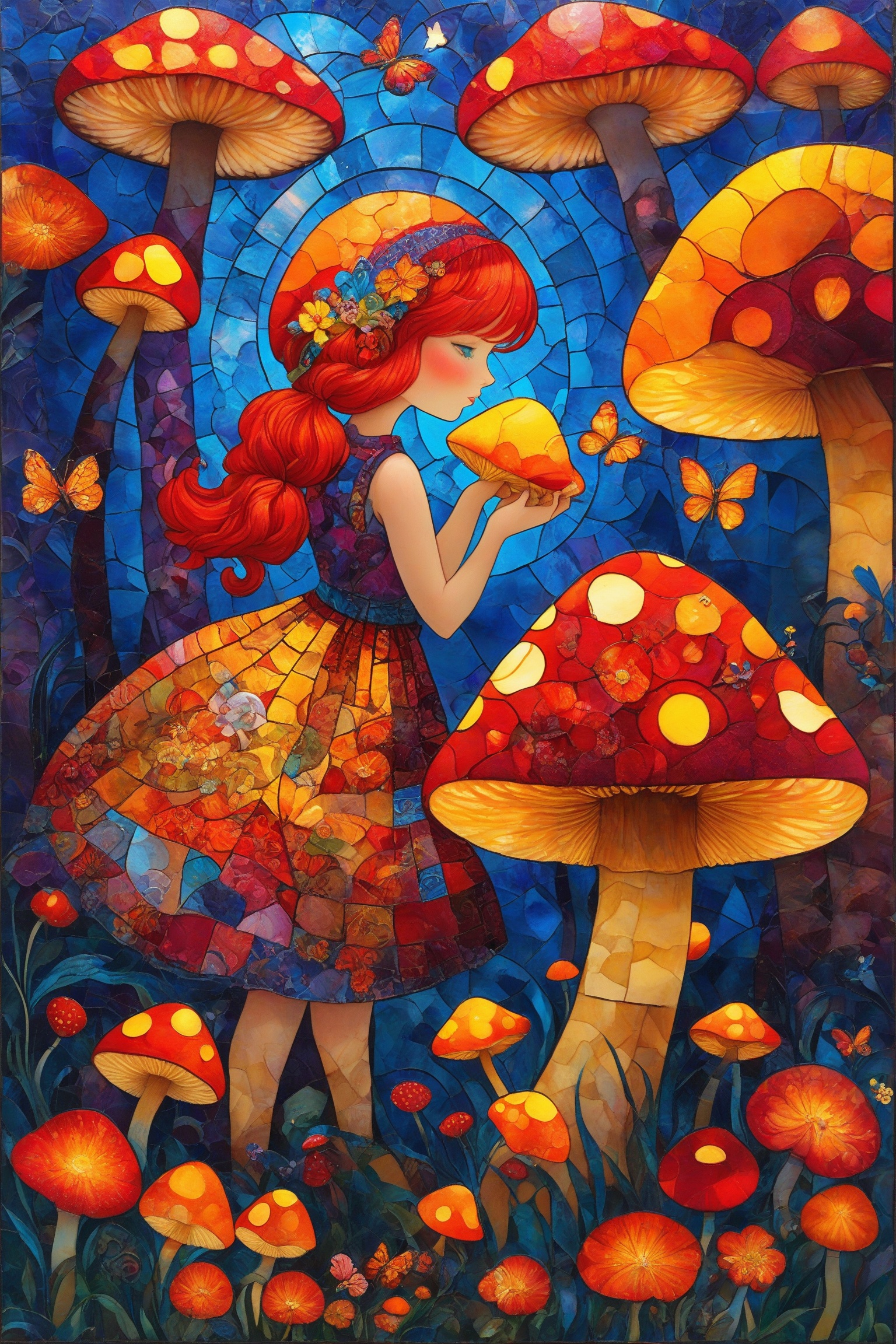 A vibrant and colorful artwork. At the center,  there's a girl with red hair,  wearing a patchwork dress on Tensor.Art