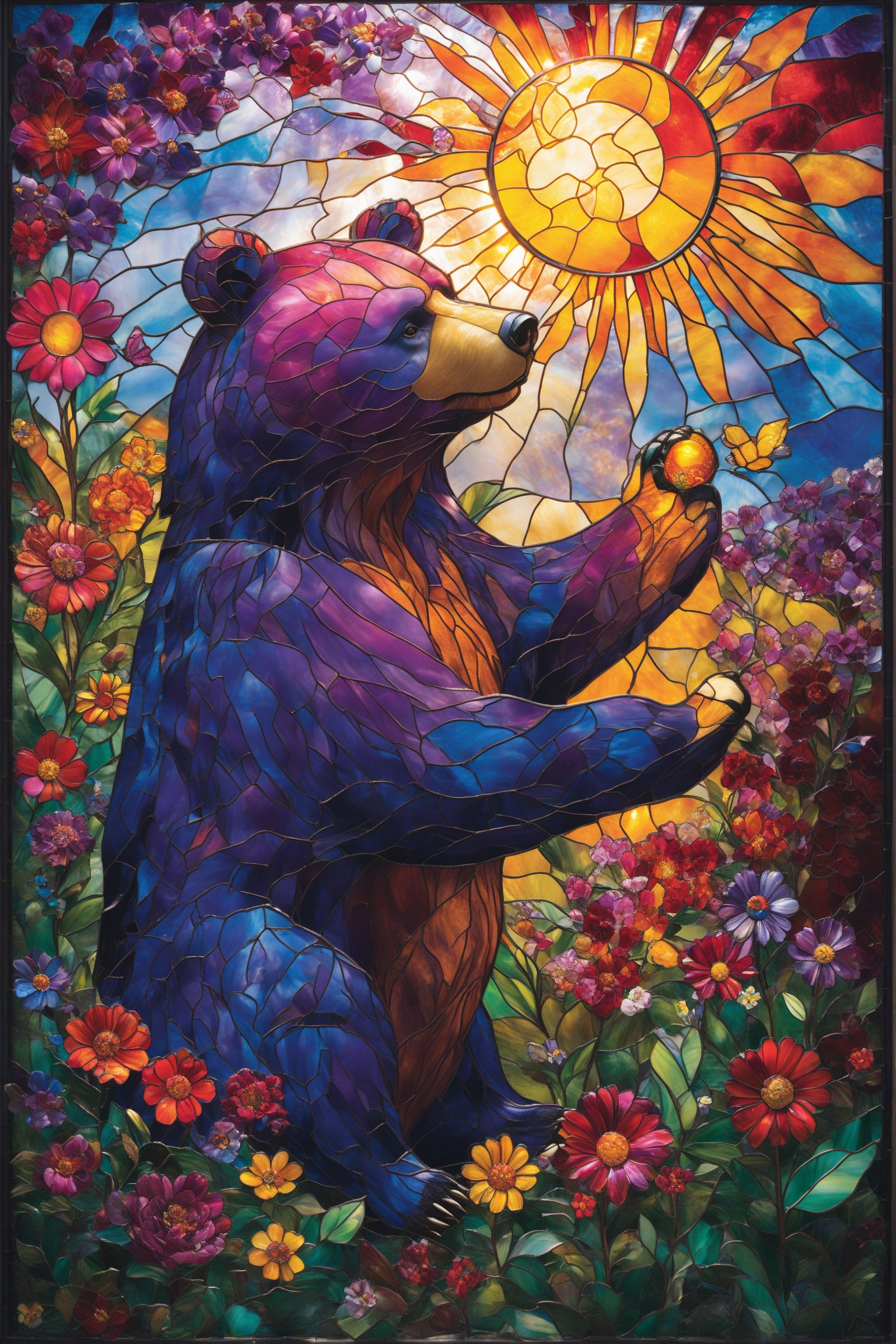 A vibrant stained glass artwork. At its center,  a large,  colorful bear is depicted on Tensor.Art