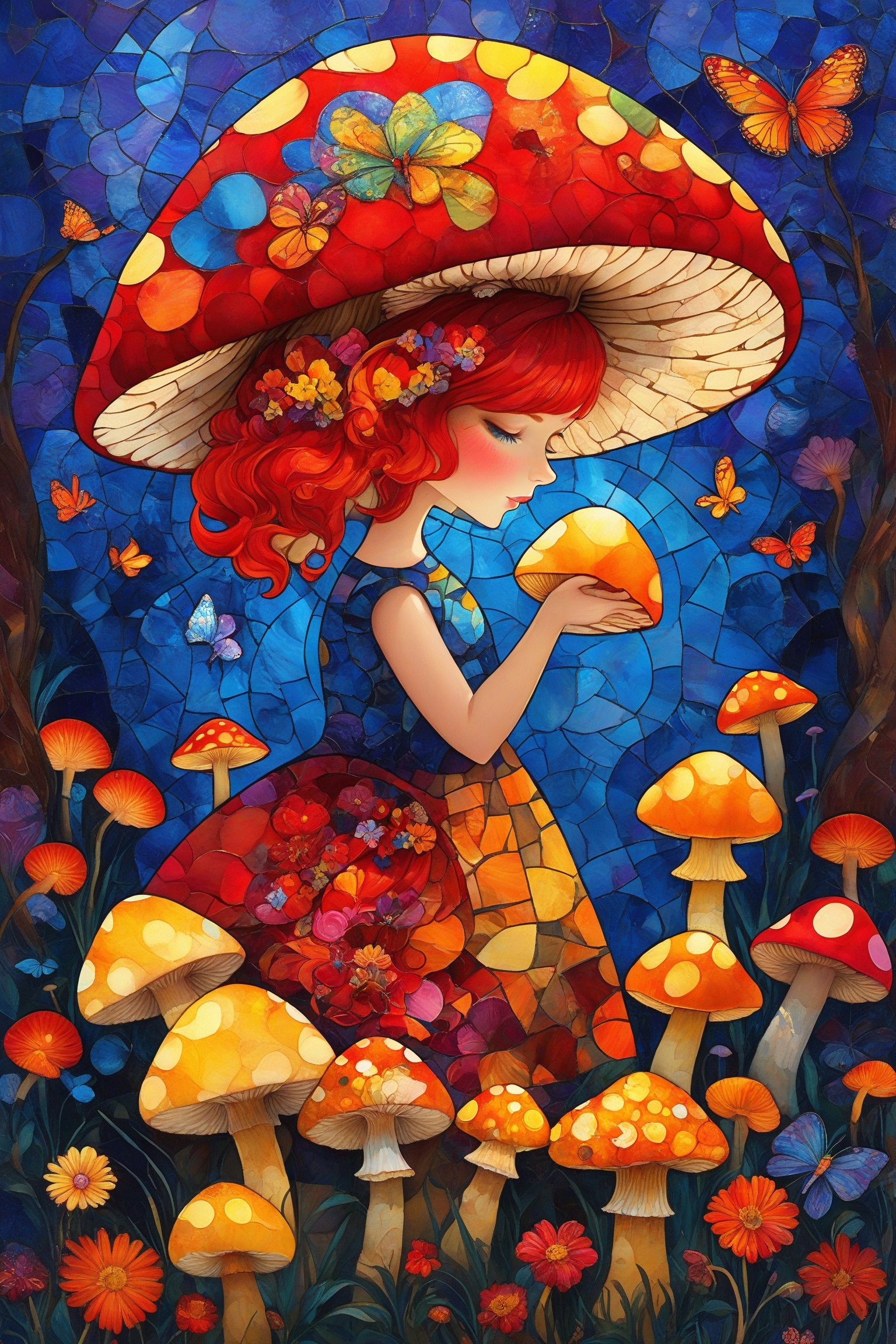 A vibrant and colorful artwork. At the center,  there's a girl with red hair,  wearing a patchwork dress on Tensor.Art