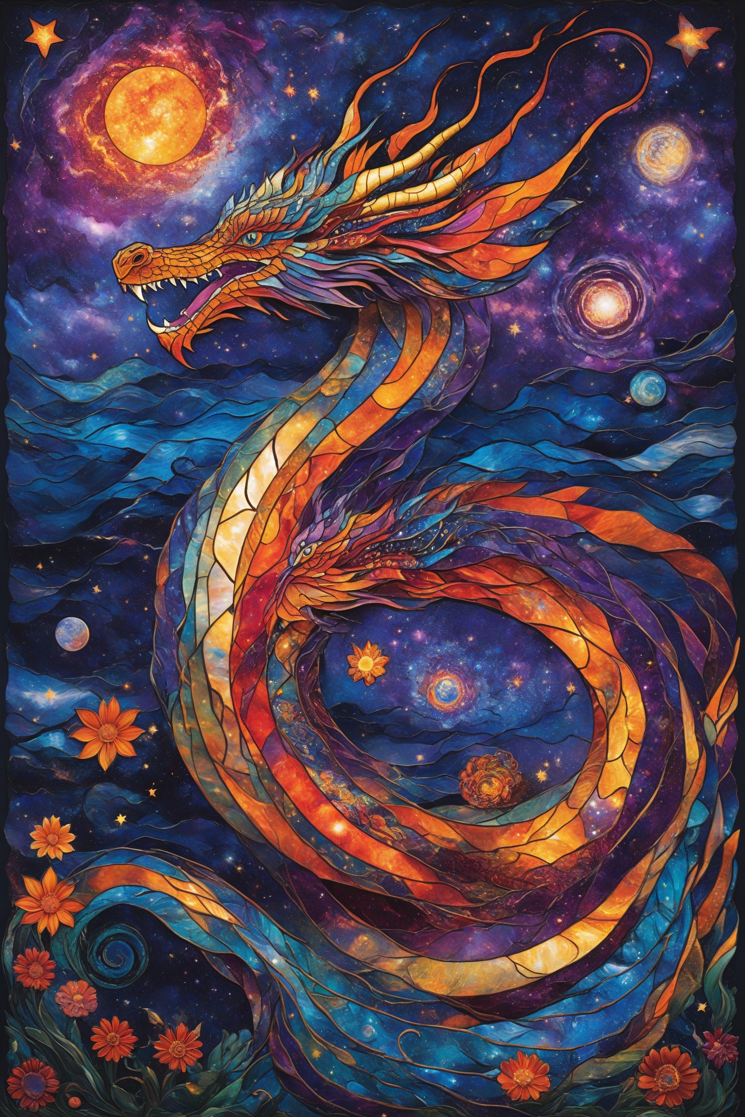 A vibrant artwork of a serpentine creature,  possibly a dragon,  intertwined amidst a cosmic backdrop. The dragon's body i...