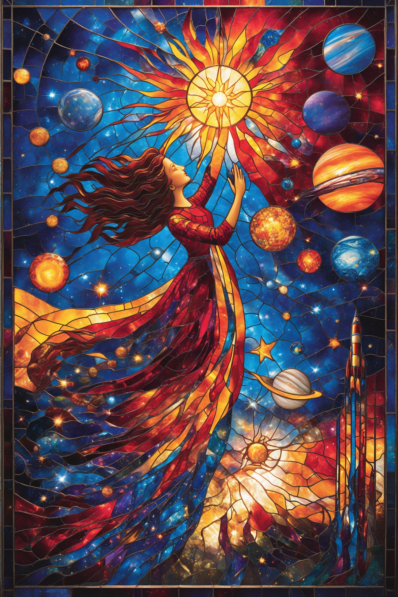 A vibrant stained glass artwork. At its center,  there's a silhouette of a woman with flowing hair,  reaching out towards...