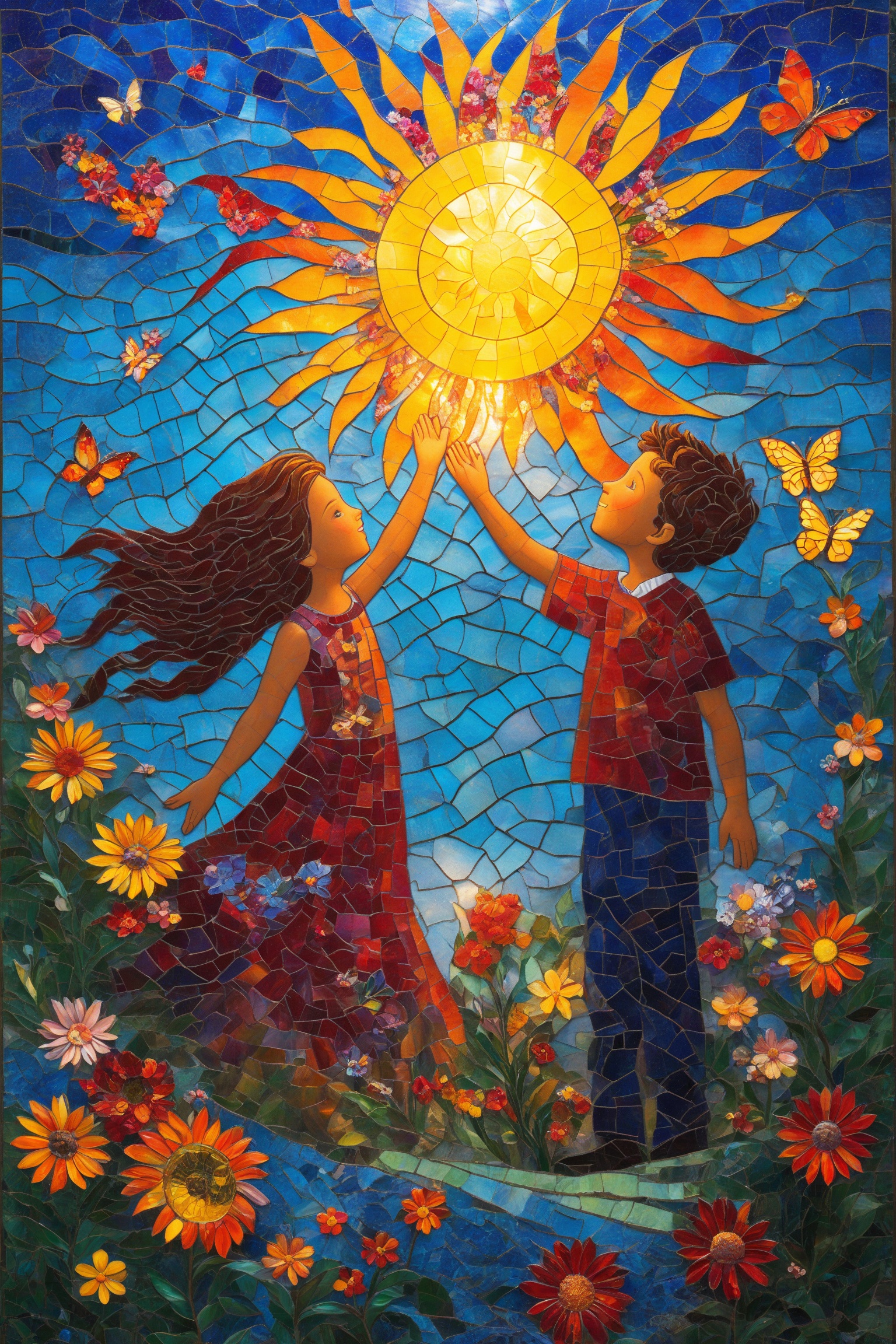 A vibrant mosaic artwork that showcases a radiant sun surrounded by colorful flowers and butterflies. Below the sun,  two...