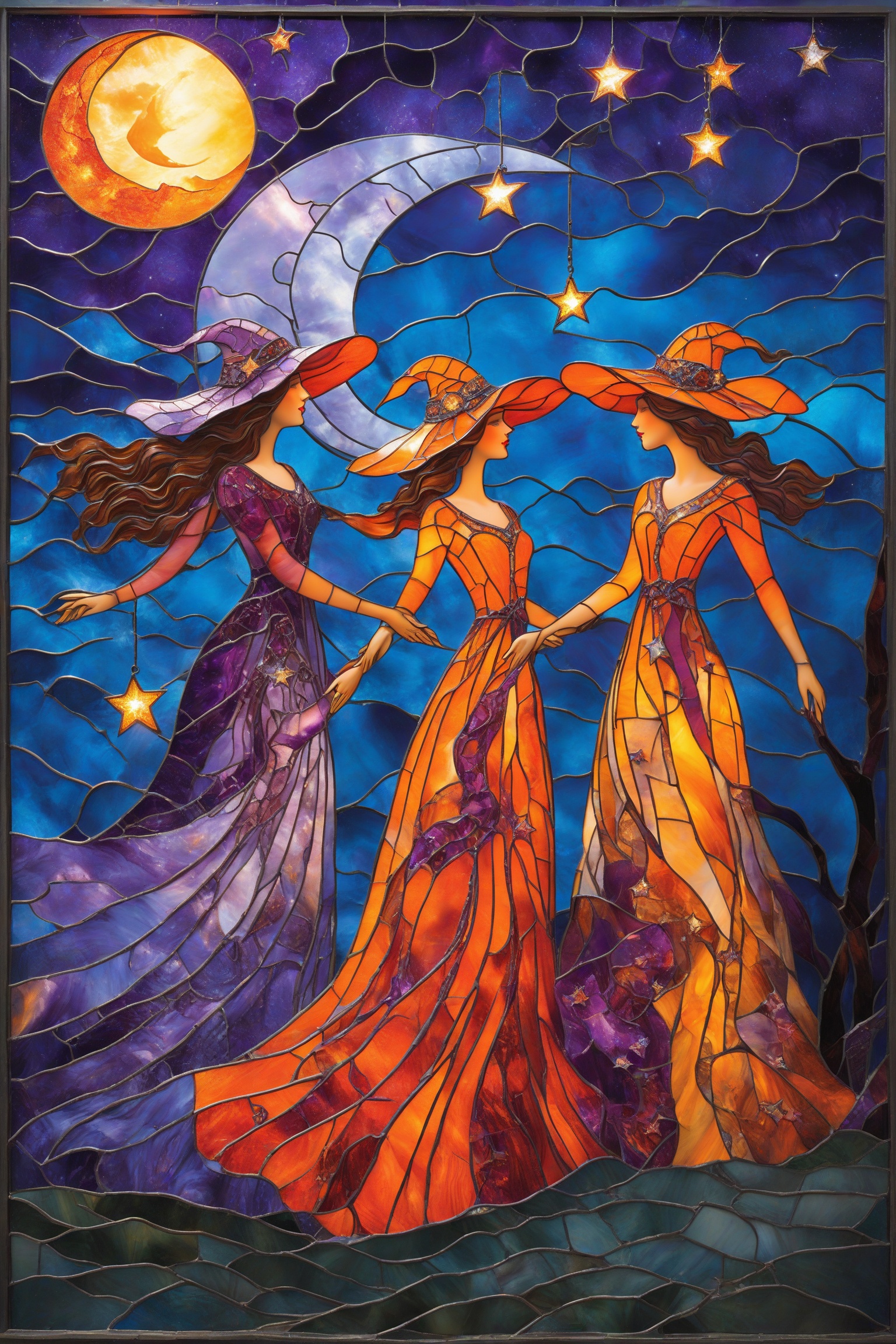 A stunning stained-glass artwork. It features three ethereal women,  each adorned with a unique hat and flowing dress,  se...