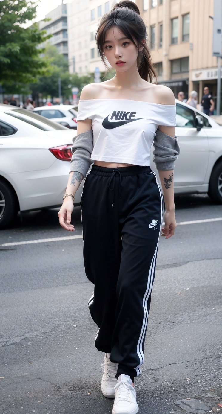 14 years old girl,The golden ratio body,asian,White off-the-shoulder T-shirt,medium breasts,tattoo,city,perspective,high ponytail,1girl,xxs, Straighten your legs,Steps,hand remove shirt, Add details,full body photo ,outdoor,tattoos blackwork,moyou,walking, pink sneakers ,Hyperrealism,track pants,Nike,solo