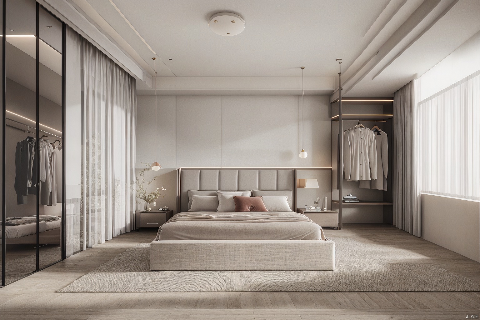 Bedroom, spacious, exquisite, comfortable, modern, warm, bright, luxurious, unique,Natural light, curtains, wardrobe,Bedhead background,
