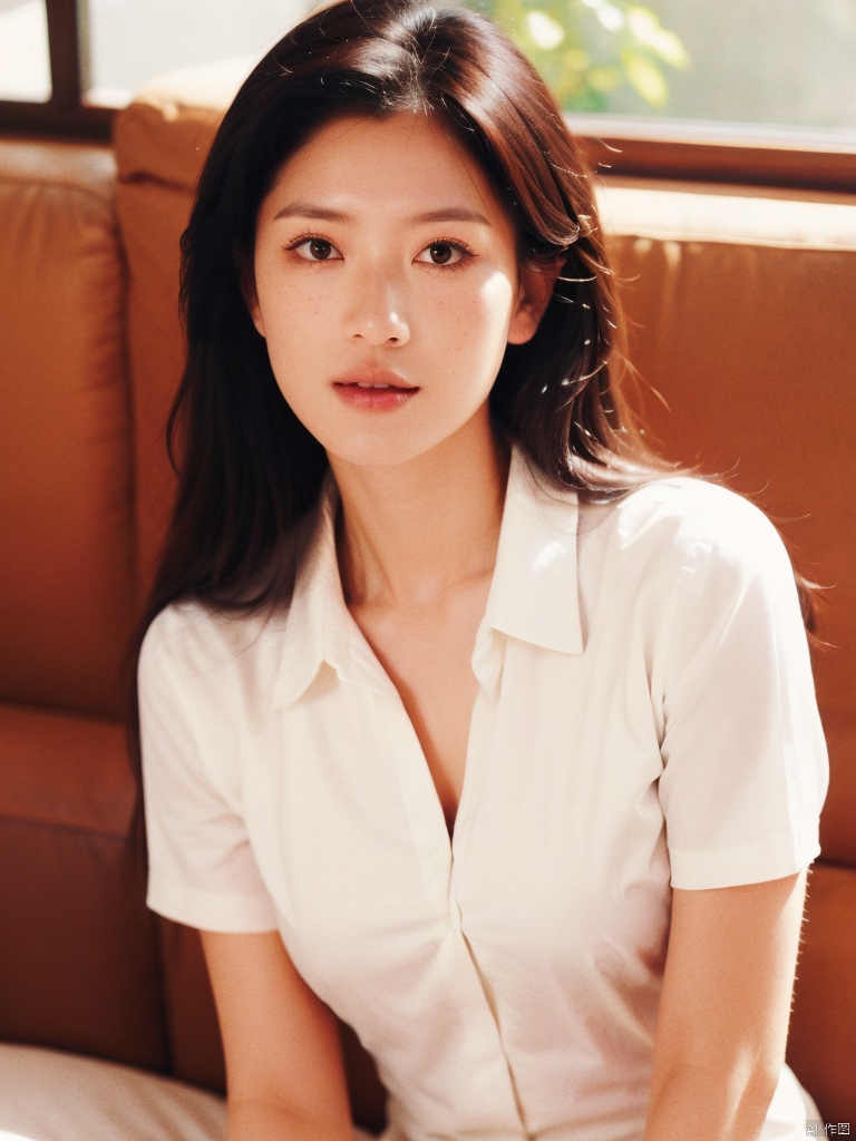 1girl, solo, long hair, looking at viewer, shirt, black hair, sitting, white shirt, upper body, short sleeves, parted lips, collared shirt, artist name, indoors, black eyes, lips, window, sunlight, couch, freckles, realistic, nose