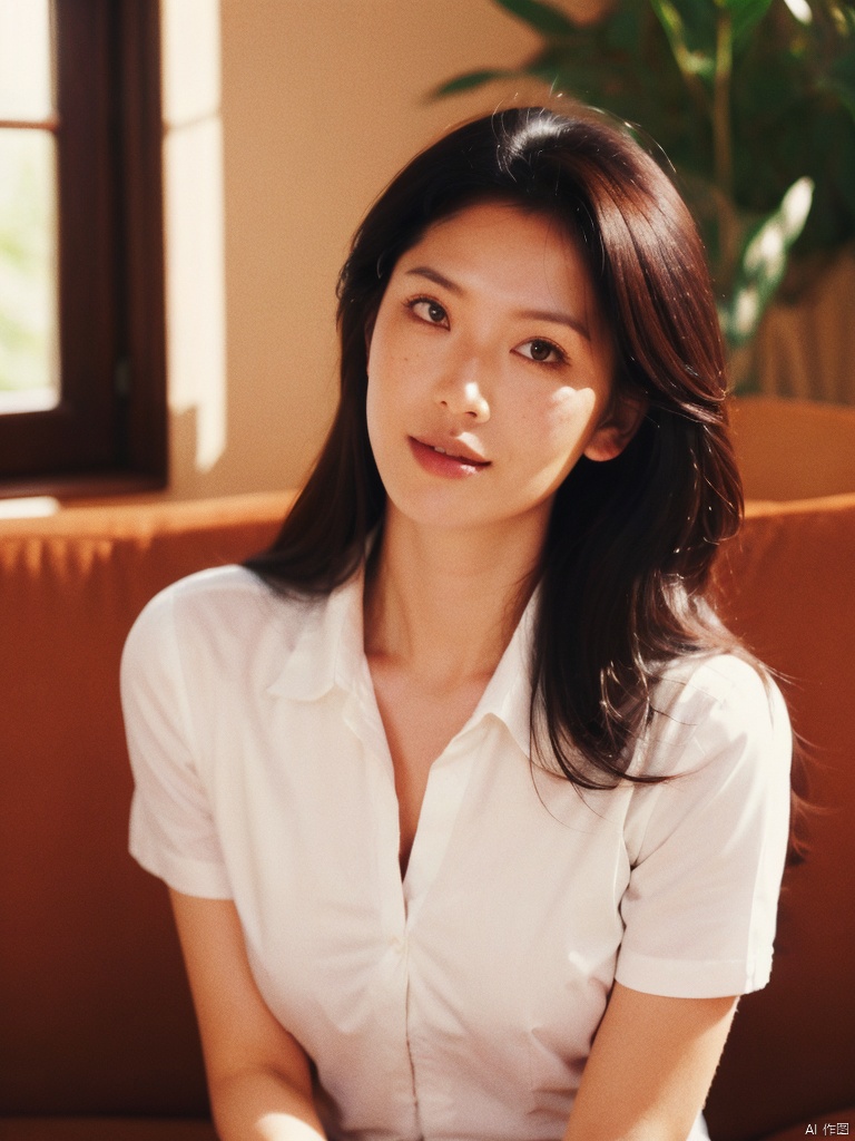1girl, solo, long hair, looking at viewer, shirt, black hair, sitting, white shirt, upper body, short sleeves, parted lips, collared shirt, artist name, indoors, black eyes, lips, window, sunlight, couch, freckles, realistic, nose