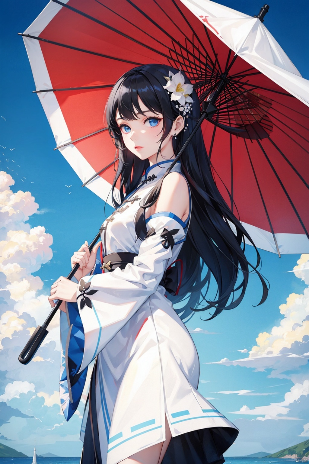 , 1girl, umbrella, black hair, solo, sky, dress, cloud, long hair, white dress, holding umbrella, blue sky, hair ornament, holding, chinese clothes, oil-paper umbrella, blue eyes, detached sleeves, hair rings