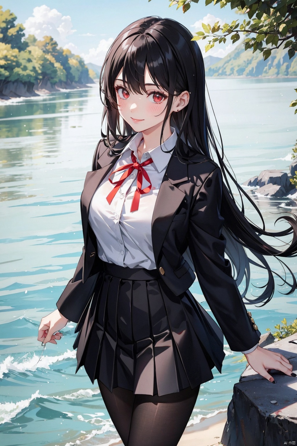, 1girl, solo, skirt, pantyhose, long hair, black hair, outdoors, smile, ribbon, red ribbon, looking at viewer, red eyes, pleated skirt, neck ribbon, shirt, black pantyhose, school uniform, black skirt, bangs, long sleeves, black jacket, jacket, blush, white shirt, standing, leaf, closed mouth, water, tree, black nails, collared shirt, breasts, wading, sky, day, water drop, feet out of frame, nail polish, clothes lift, skirt hold, medium breasts, lifted by self
