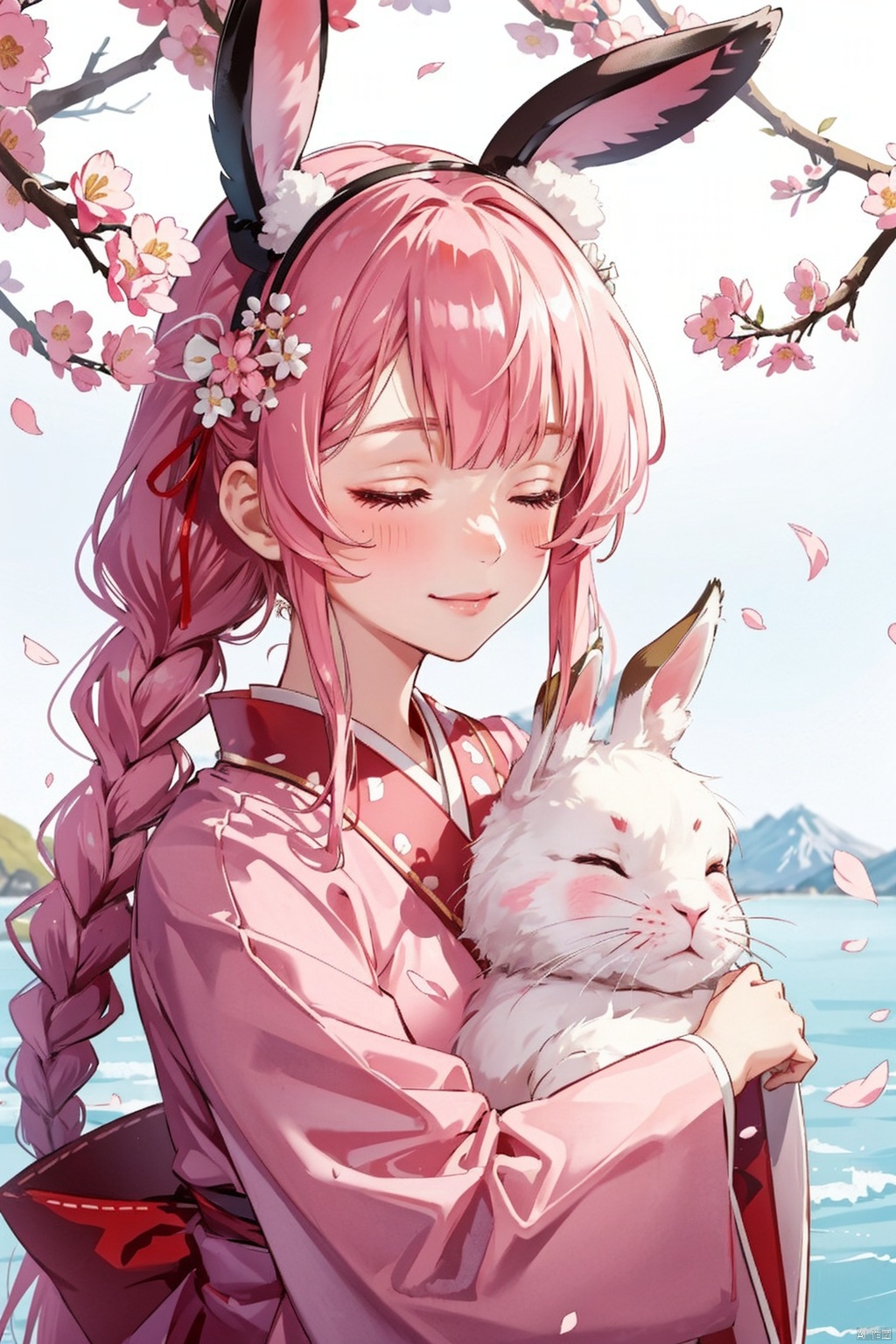 , 1girl, animal ears, rabbit ears, closed eyes, smile, braid, bangs, blush, wide sleeves, solo, japanese clothes, animal, ribbon, upper body, holding animal, holding, blunt bangs, hair ribbon, flower, long sleeves, closed mouth, kimono, crown braid, pink hair, red ribbon, hug, ^_^, cherry blossoms, facing viewer