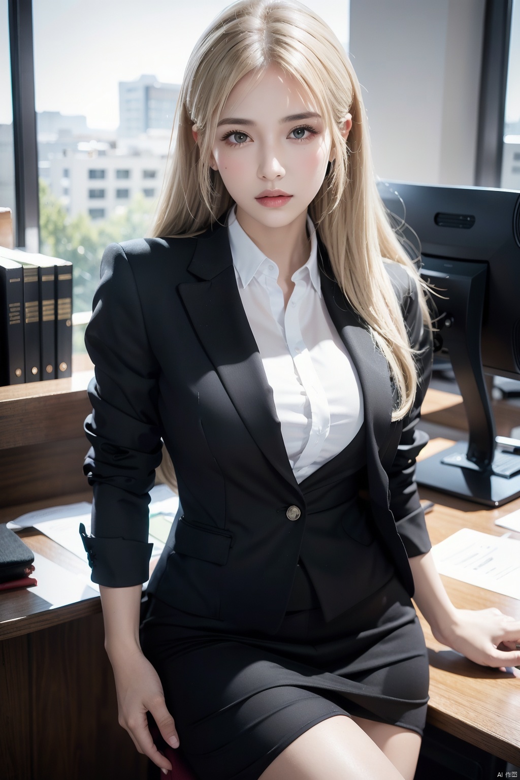 (extremely detailed, realistic, perfect lighting, vibrant colors, intricate details, absurdres), (masterpiece, high detailed skin:1.3), 1girl, looking at viewer,light blonde hair, layered hair, upper body, { ponytail and bangs, office, office lady, office chair, monitor, black-office suit, sitting, upper body, elbow rest, sexually suggestive, name tag, bangle, , }, real colours, { shy, seducing,, },
